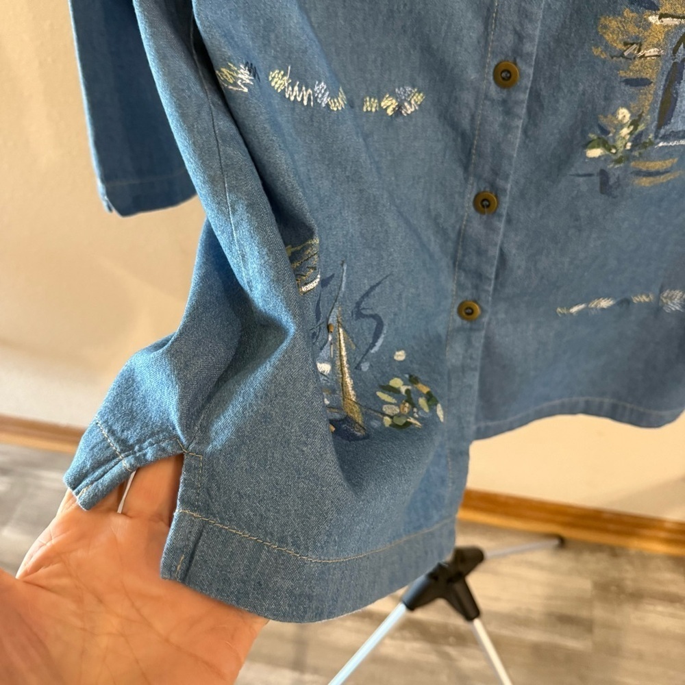 Vintage Koret Denim Shirt Embroidery Art to Wear Embellished Beads Size Large - Picture 4 of 15